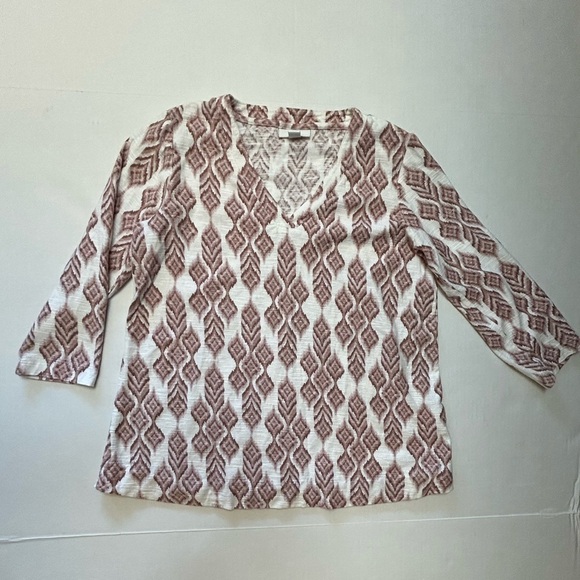 Pure Jill Ikat print top knit tunic white & mauve 3/4 sleeve top Sz-Petite XS E2 - Picture 3 of 10